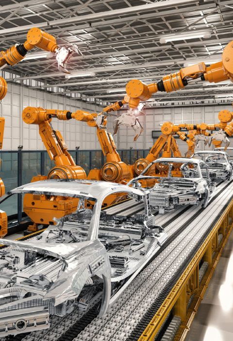 3d rendering cyborg control robot assembly line in automobile manufacturing industry.