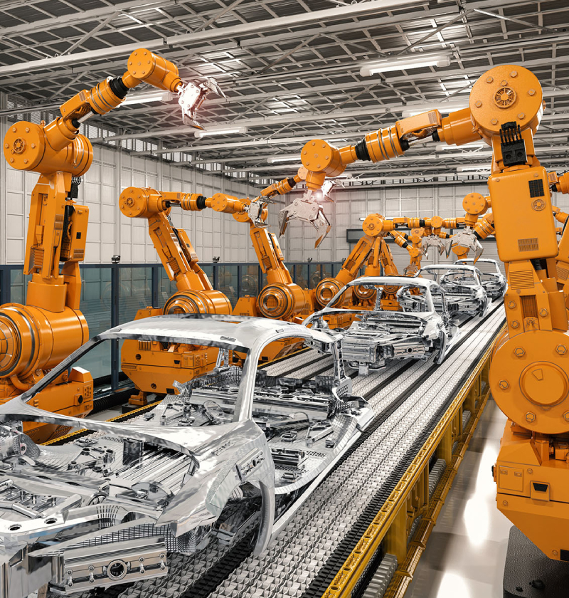 3d rendering cyborg control robot assembly line in automobile manufacturing industry.